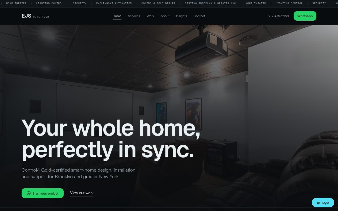 EJS Home Tech site: cinematic smart-home integrator pages with project portfolio.
