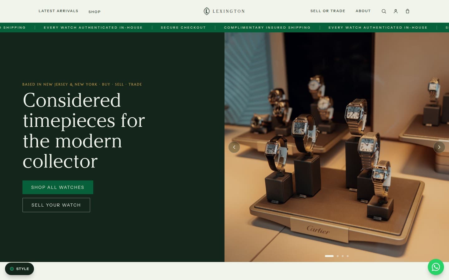 Lexington Watches storefront: emerald and champagne watch retail site with hero slideshow and catalog.