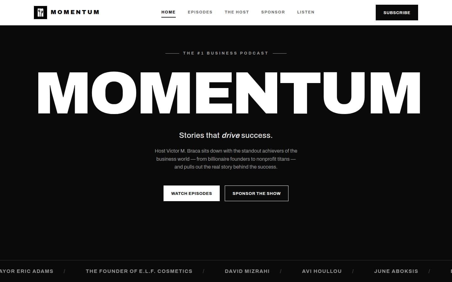 Momentum podcast site: black-and-white editorial layout with episode listings.