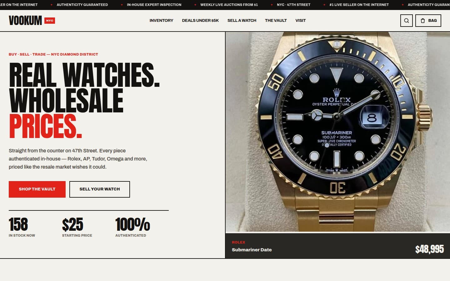 Vookum storefront: bold NYC-style watch dealer site with a 158-watch catalog.