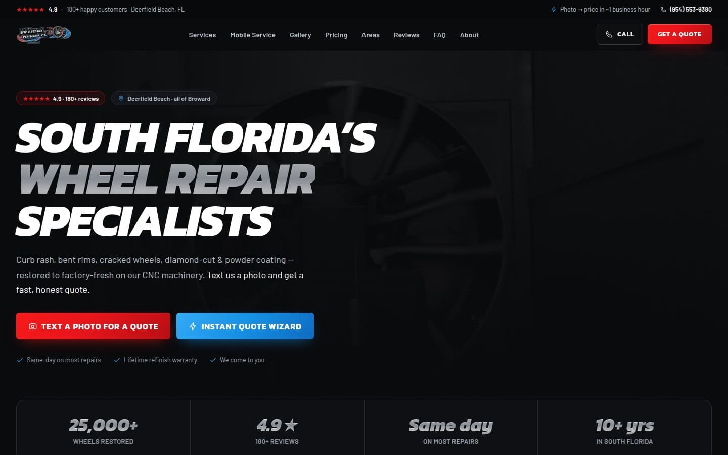 Wheel Repair FL site: performance-garage styling with an instant quote wizard.