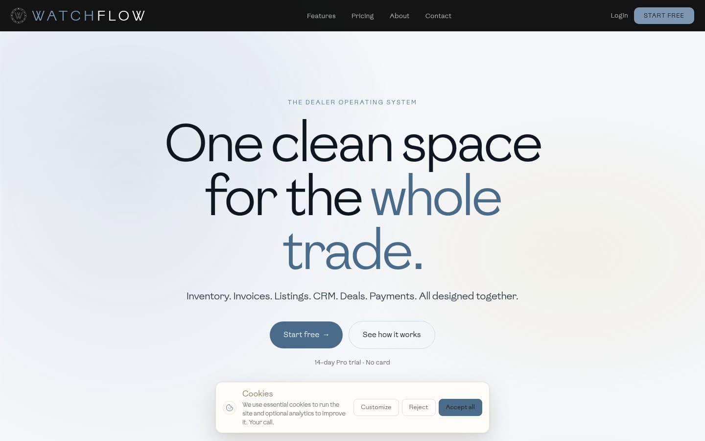 WatchFlow home page: the dealer operating system, with the headline “One clean space for the whole trade.”